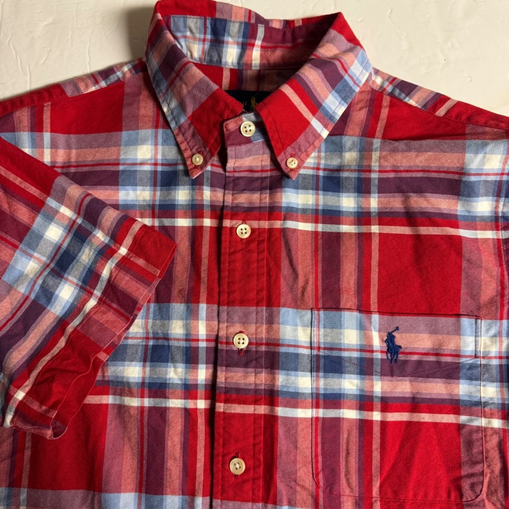Ralph Lauren Mens Red Plaid Short Sleeve Button Down Shirt Medium Cotton Pony